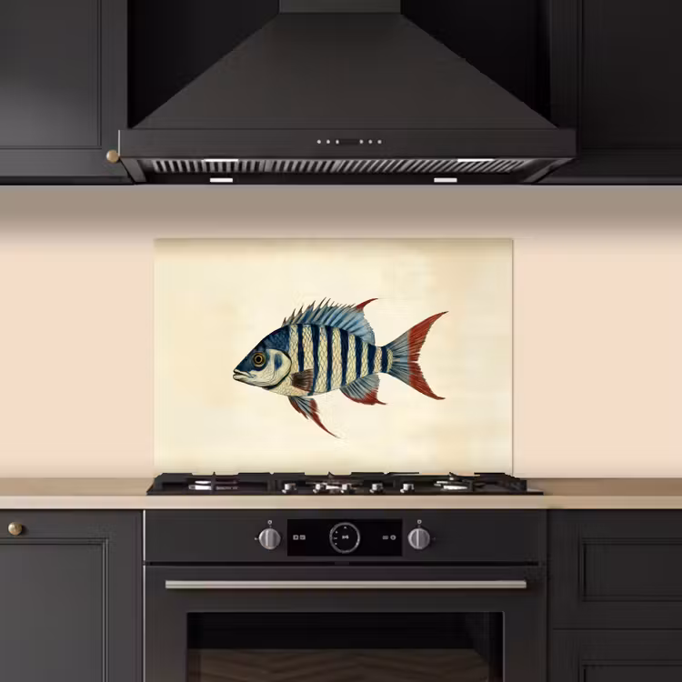 Spatscherm keuken - Gestreept - Donkerblauw - Rugvin - Vis — 2