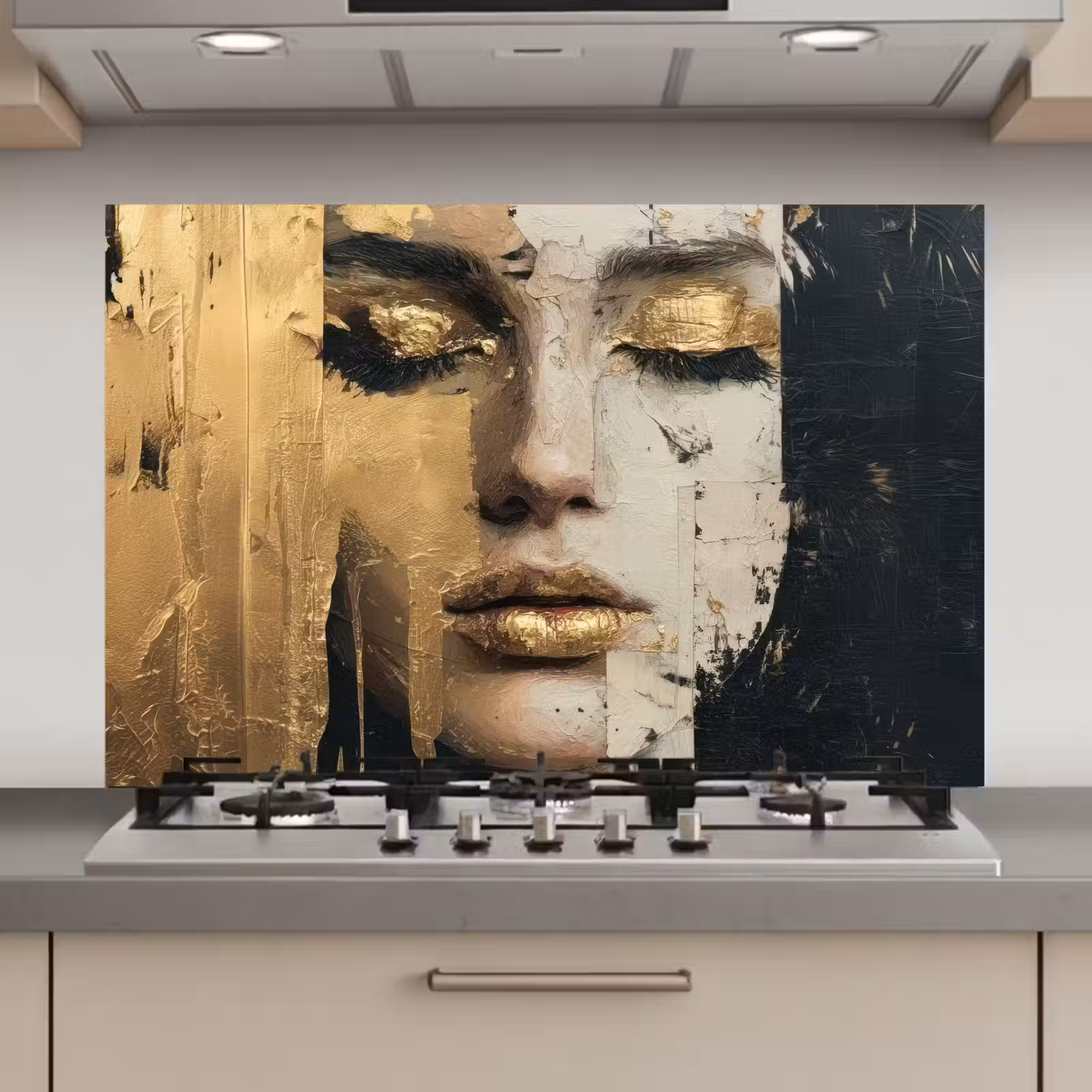 Spatscherm keuken - Abstract - Goud - Gezicht - Lippen — 1