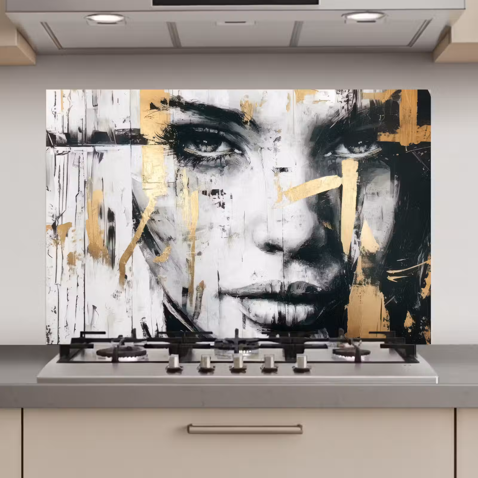 Spatscherm keuken - Portret - Vrouw - Penseelstreken - Goud — 1