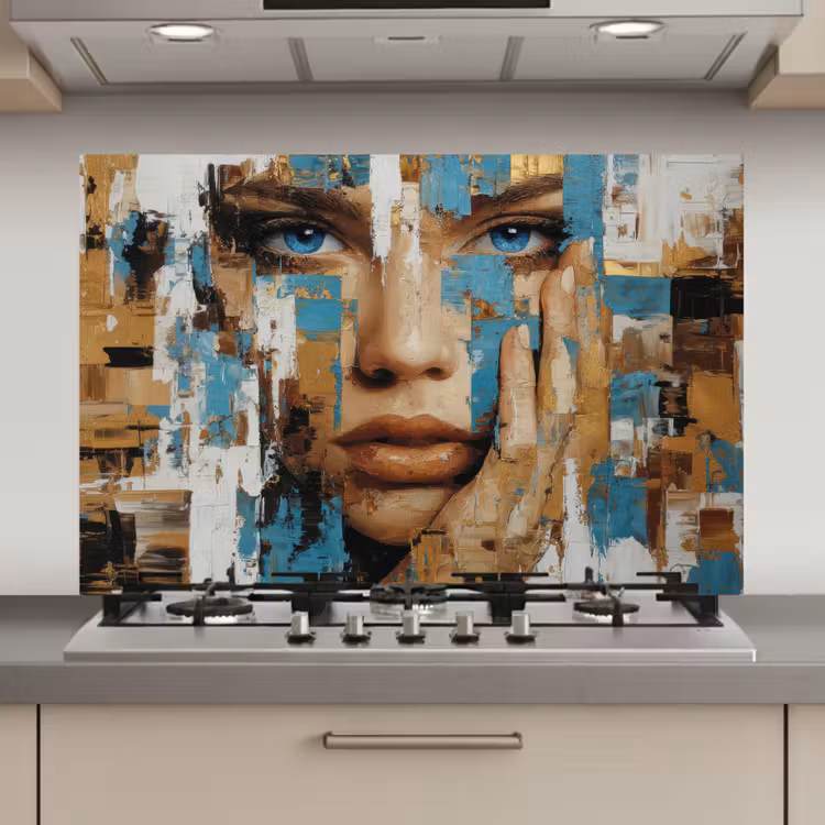 Spatscherm keuken - Abstract - Penseelstreken - Blauw - Gezicht — 1