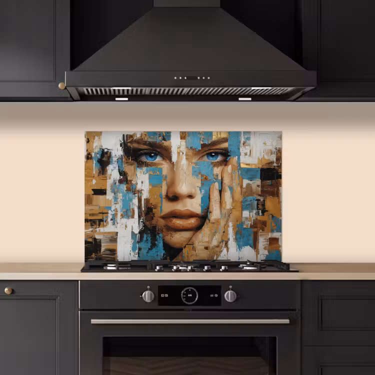 Spatscherm keuken - Abstract - Penseelstreken - Blauw - Gezicht — 2
