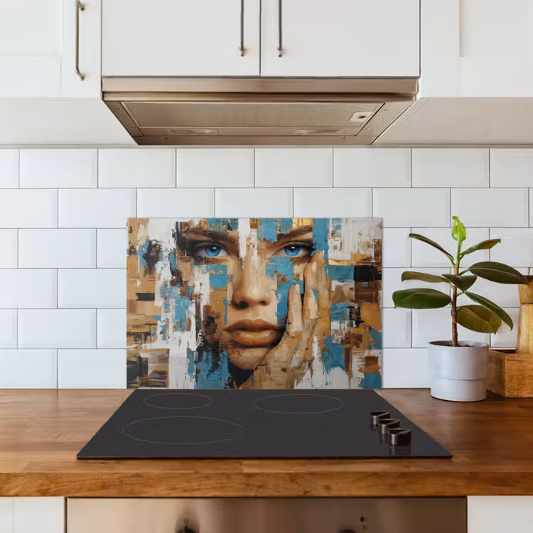 Spatscherm keuken - Abstract - Penseelstreken - Blauw - Gezicht — 6