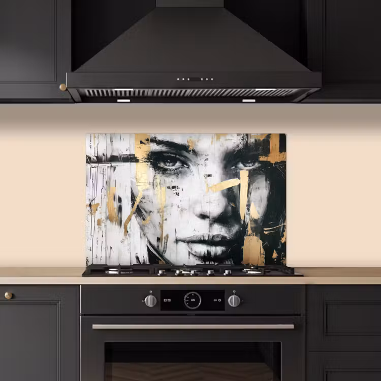 Spatscherm keuken - Portret - Vrouw - Penseelstreken - Goud — 2