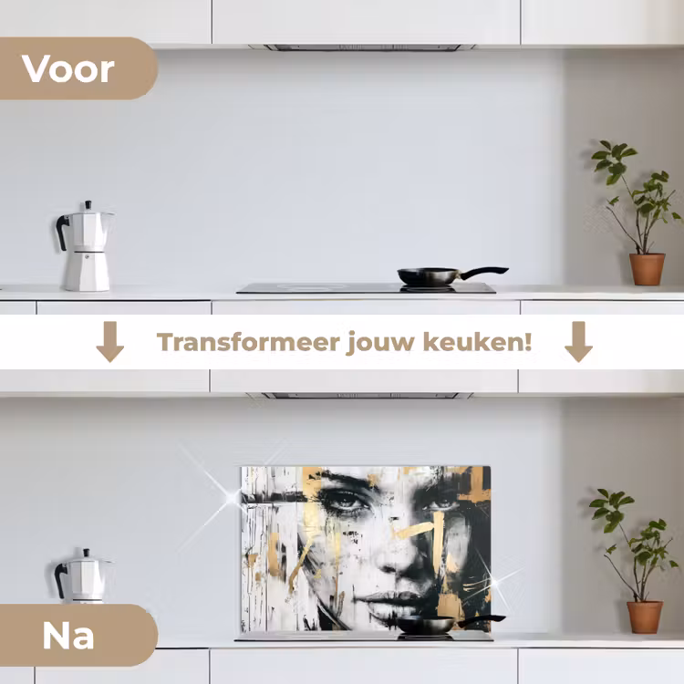 Spatscherm keuken - Portret - Vrouw - Penseelstreken - Goud — 3
