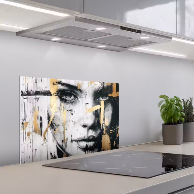 Spatscherm keuken - Portret - Vrouw - Penseelstreken - Goud — 5
