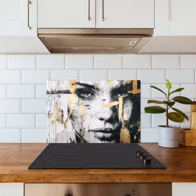 Spatscherm keuken - Portret - Vrouw - Penseelstreken - Goud — 6