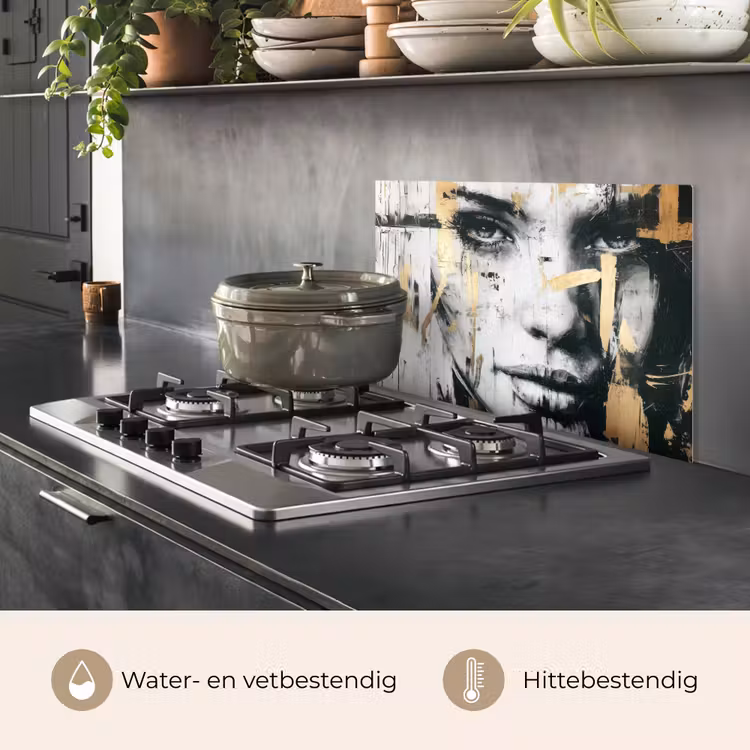 Spatscherm keuken - Portret - Vrouw - Penseelstreken - Goud — 7