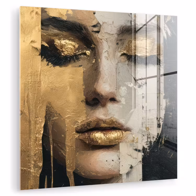 Glas schilderij - Abstract - Goud - Gezicht - Lippen — 1