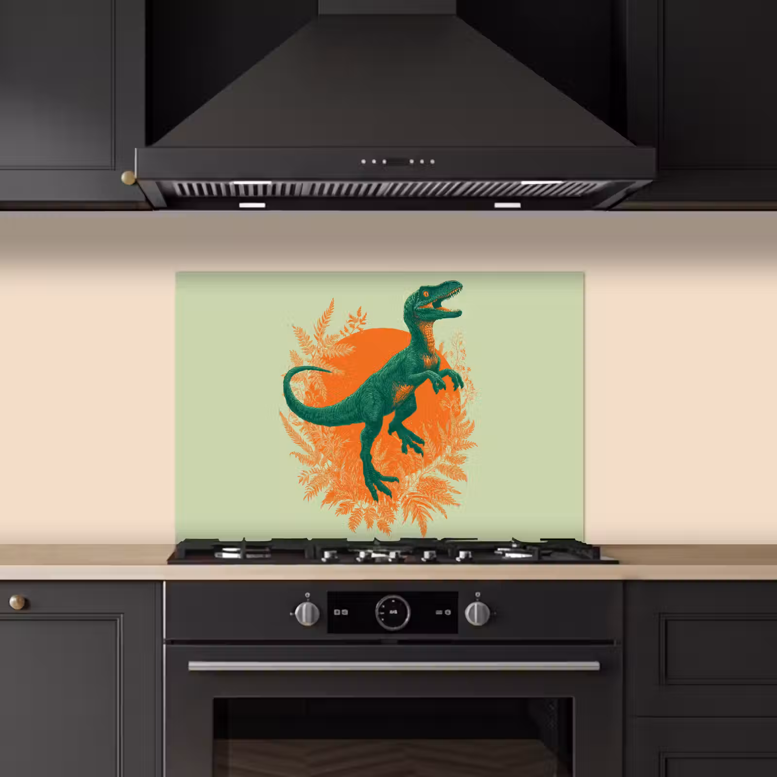 Spatscherm keuken - Dinosaurus - Groen - Planten - Cirkel — 1