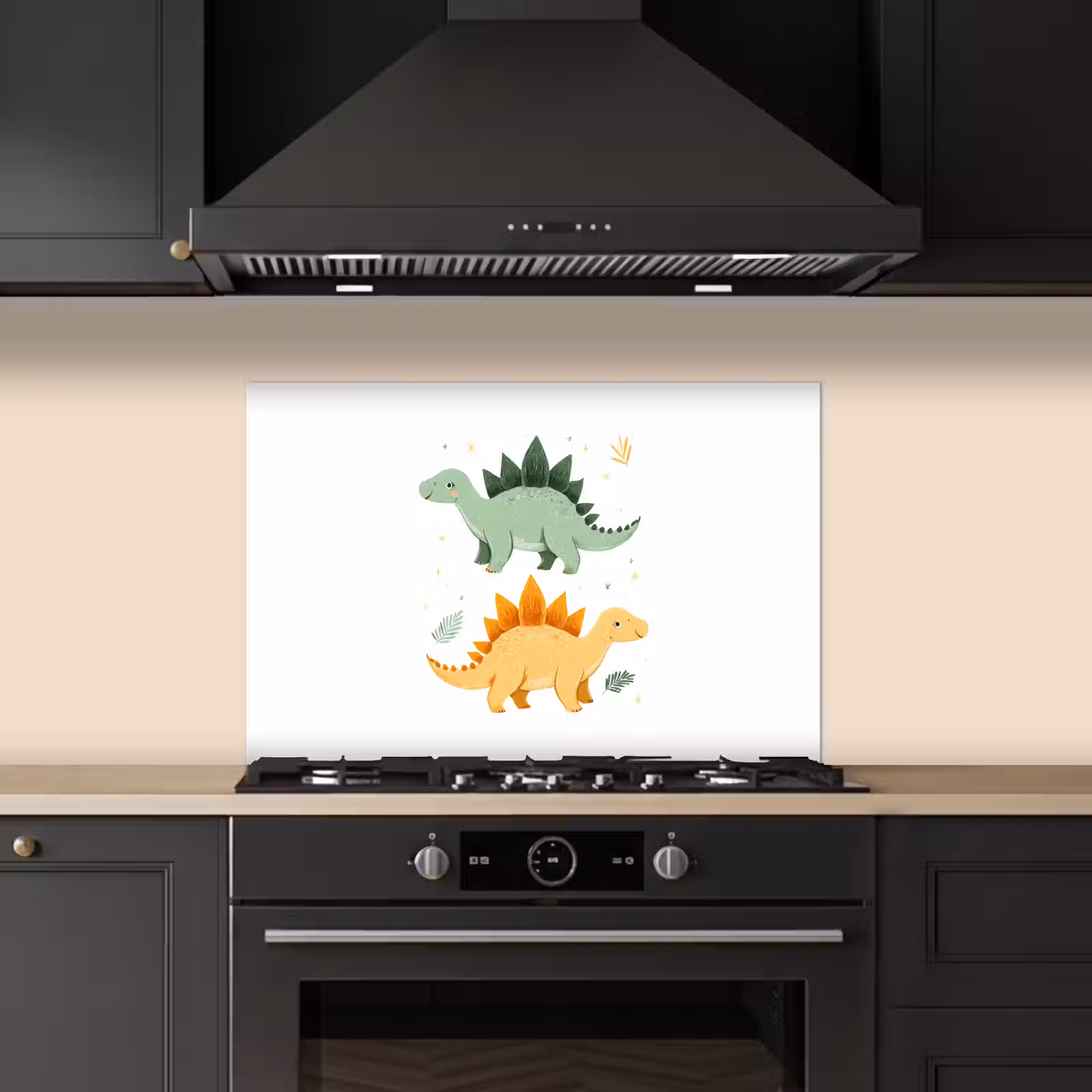Spatscherm keuken - Sterren - Stegosaurussen - Blaadjes - Groen — 1