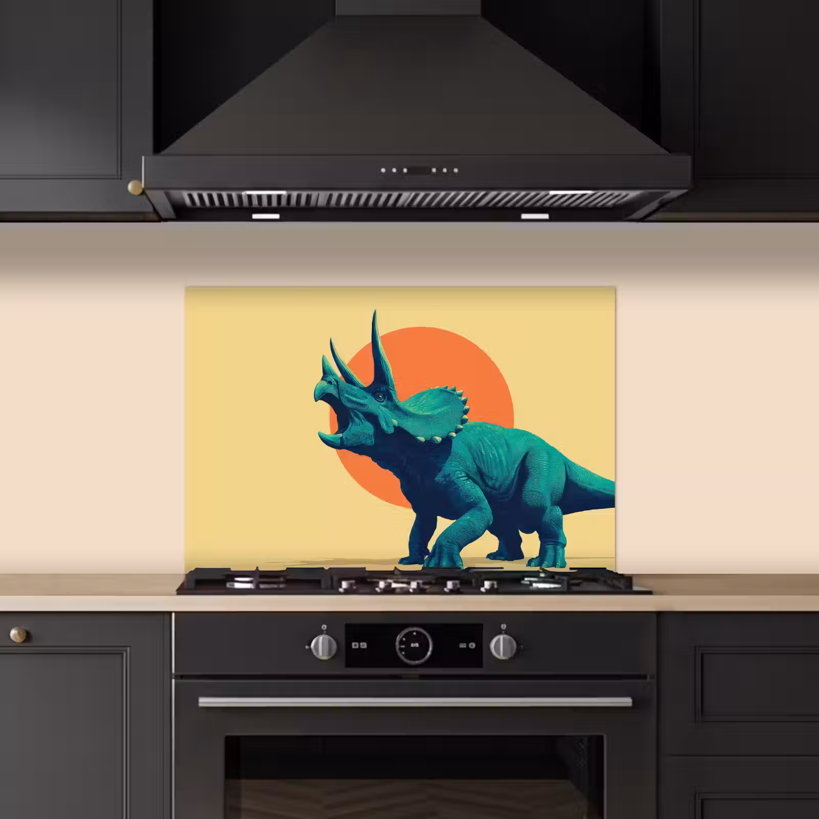 Spatscherm keuken - Triceratops - Cirkel - Oranje - Hoorns — 1