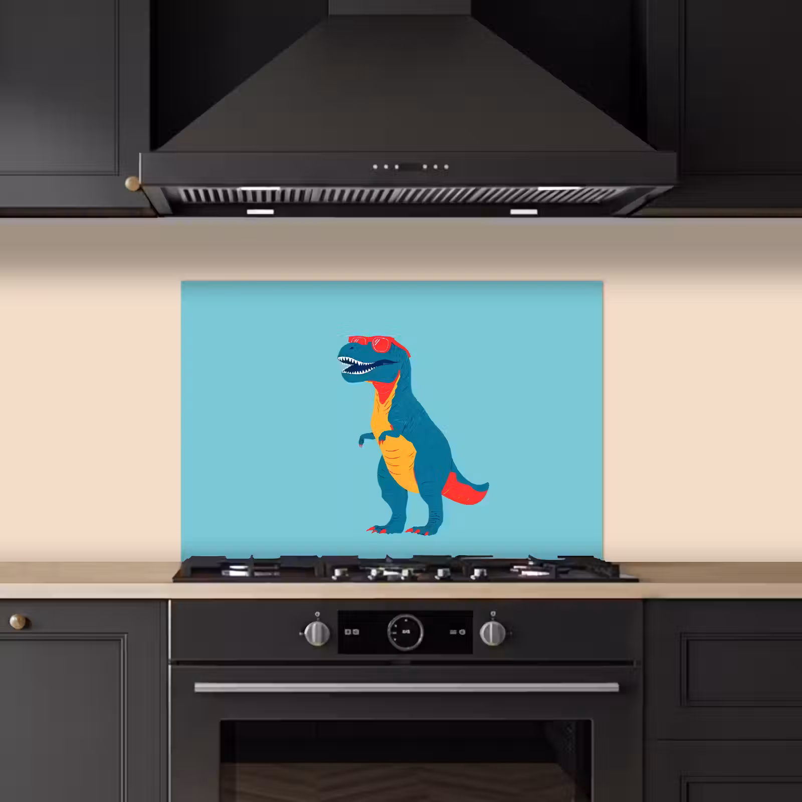 Spatscherm keuken - Dinosaurus - Blauw - Zonnebril — 1