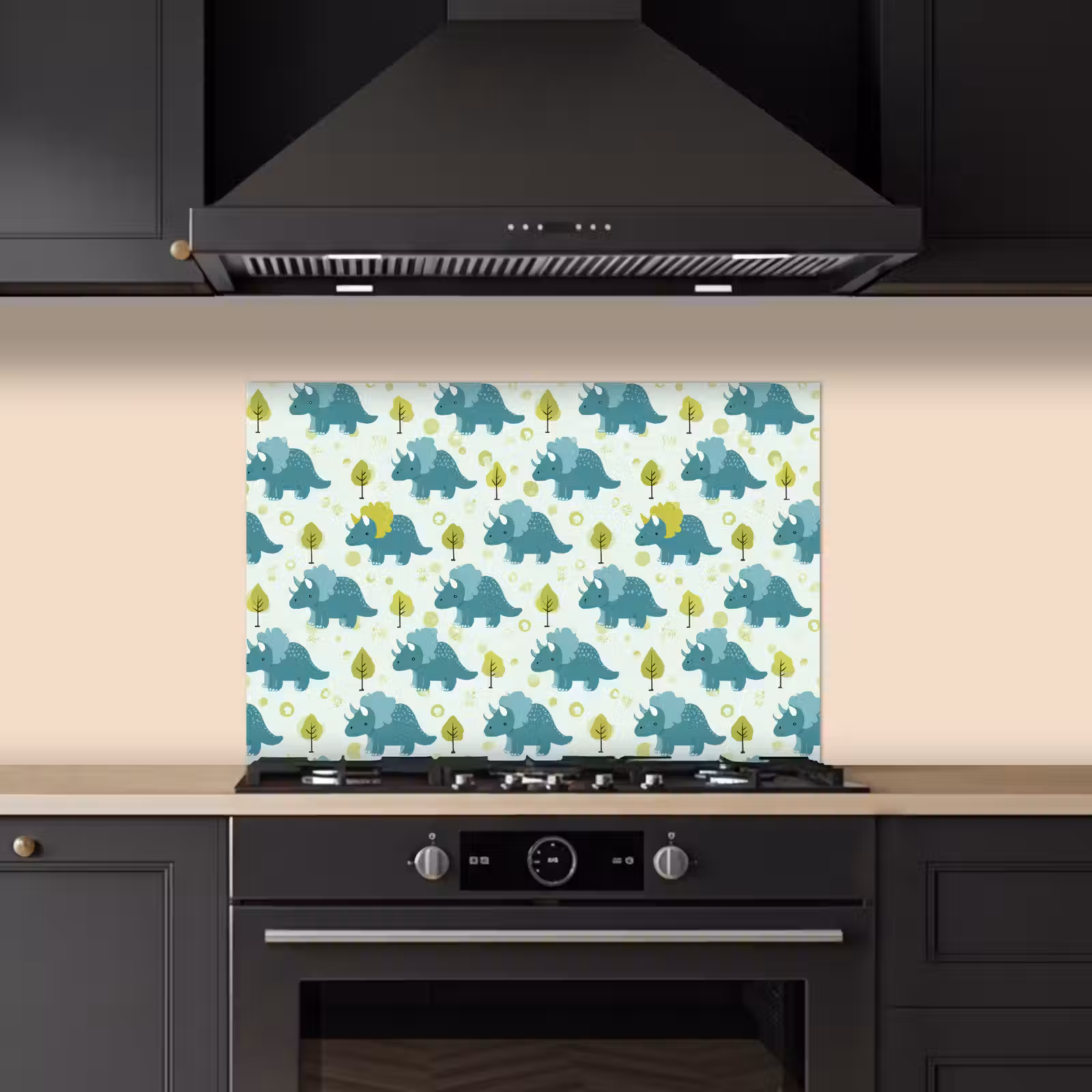 Spatscherm keuken - Triceratop - Blauw - Stippen - Boompjes — 1