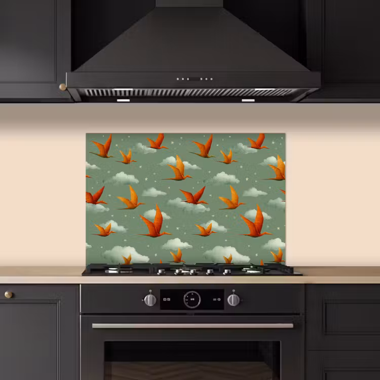 Spatscherm keuken - Dinosaurussen - Wolken - Sterren - Oranje — 1