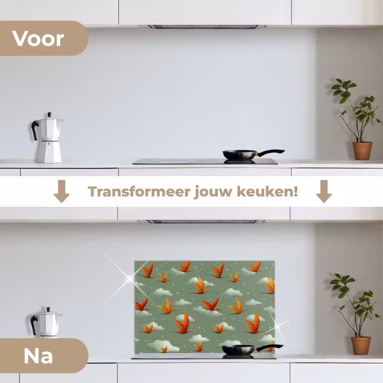 Spatscherm keuken - Dinosaurussen - Wolken - Sterren - Oranje — 2
