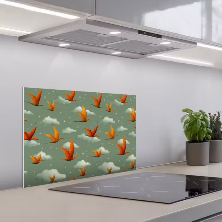 Spatscherm keuken - Dinosaurussen - Wolken - Sterren - Oranje — 4