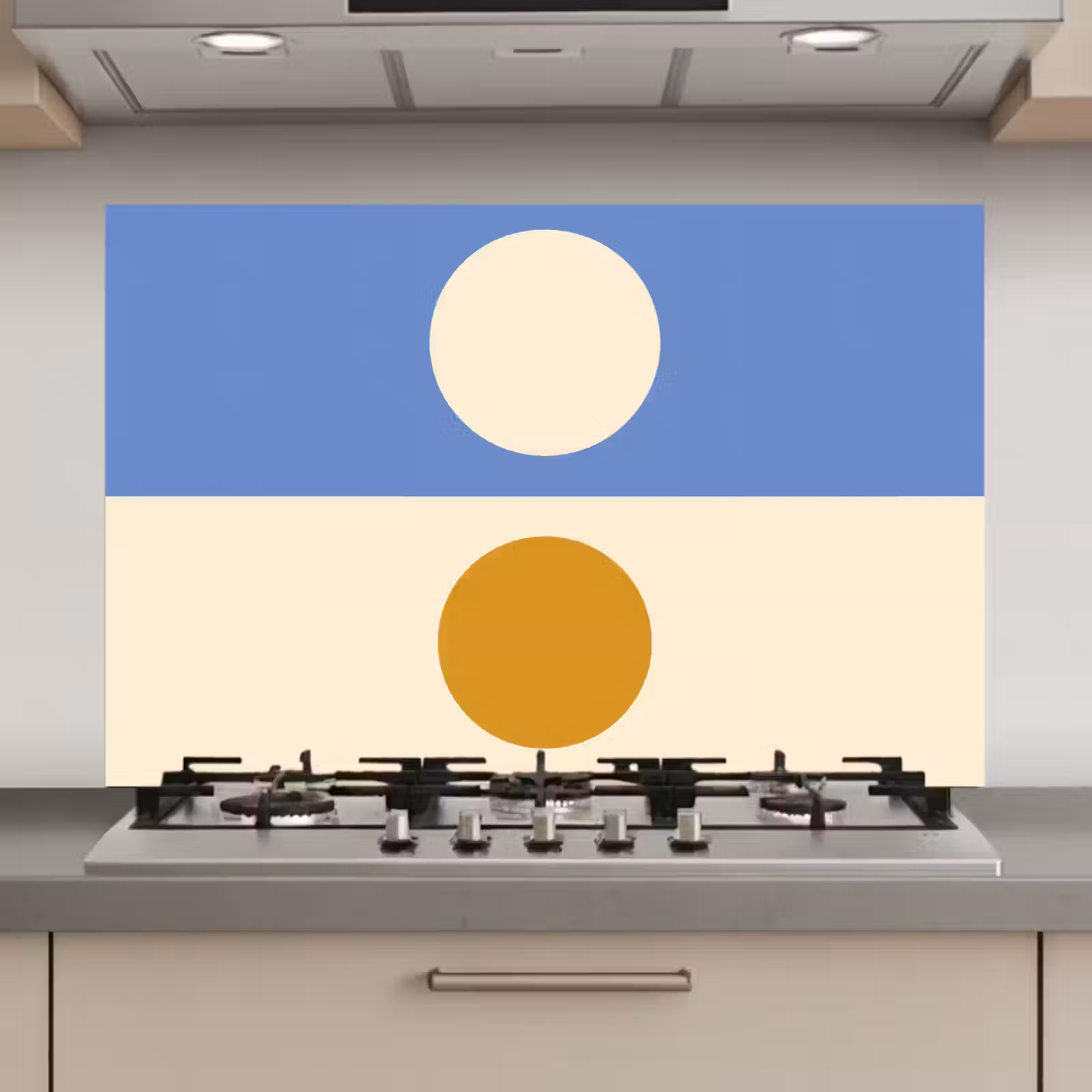Spatscherm keuken - Cirkels - Symmetrisch - Wit - Blauw- Geel — 1