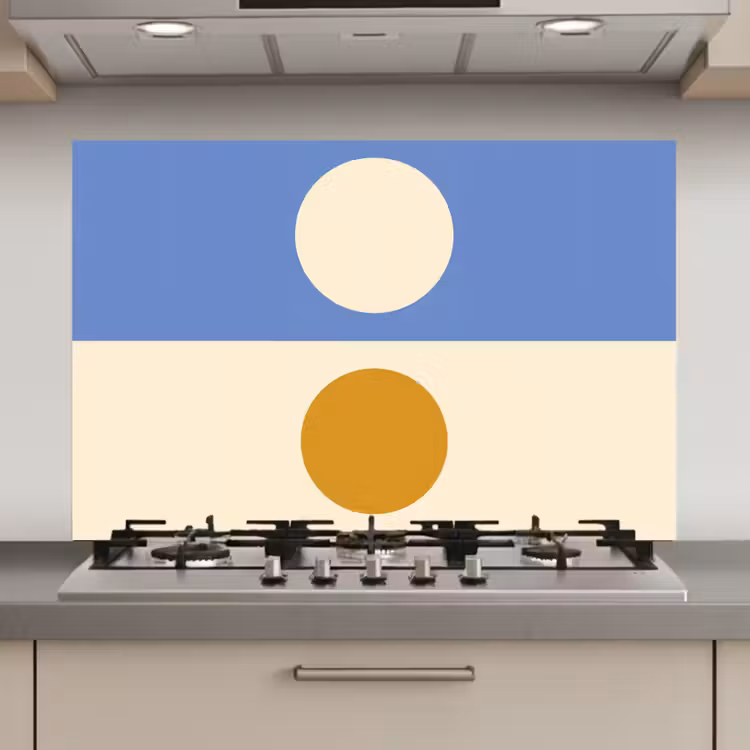 Spatscherm keuken - Cirkels - Symmetrisch - Wit - Blauw- Geel — 1