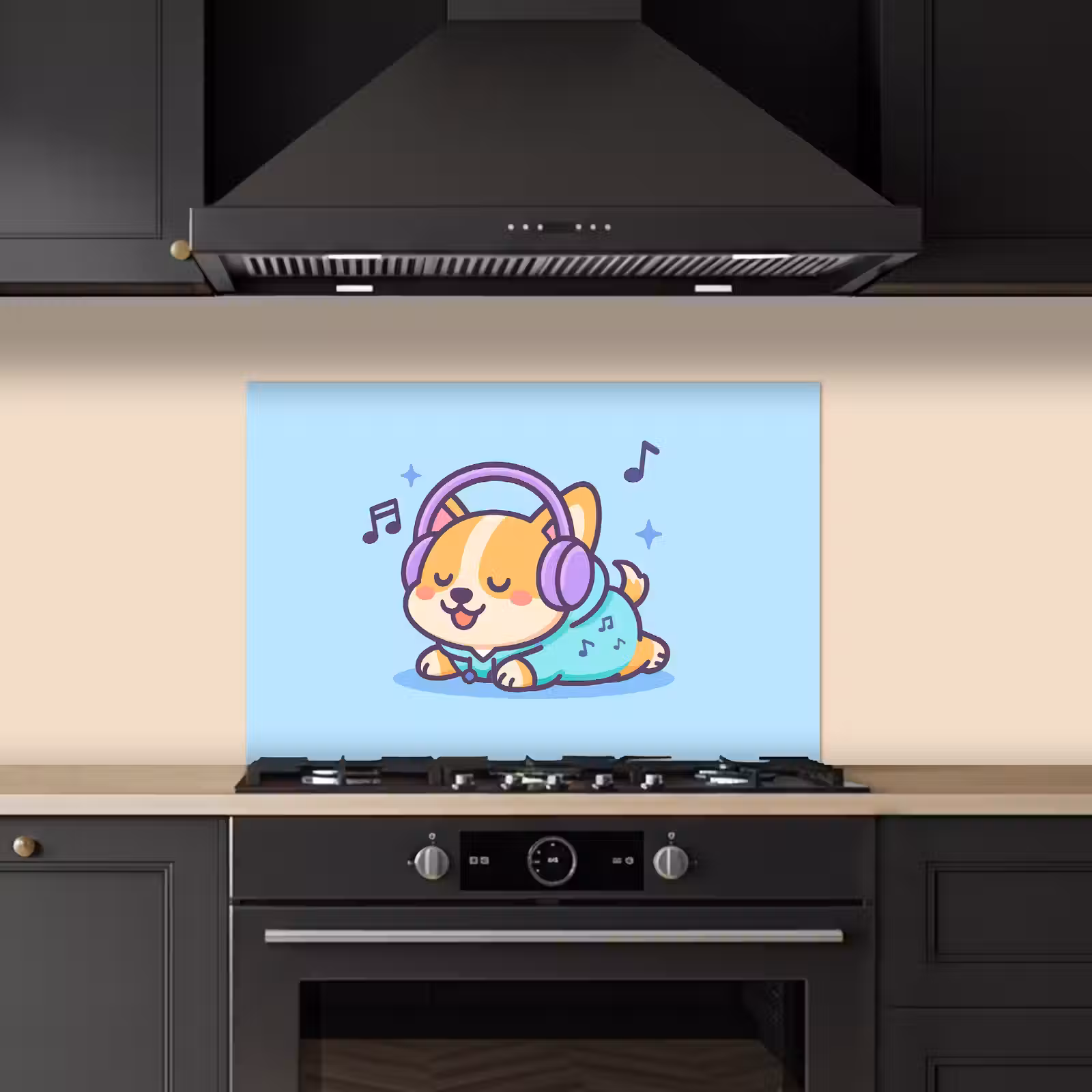 Spatscherm keuken - Corgi - Koptelefoon - Blauw - Muzieknoten — 1