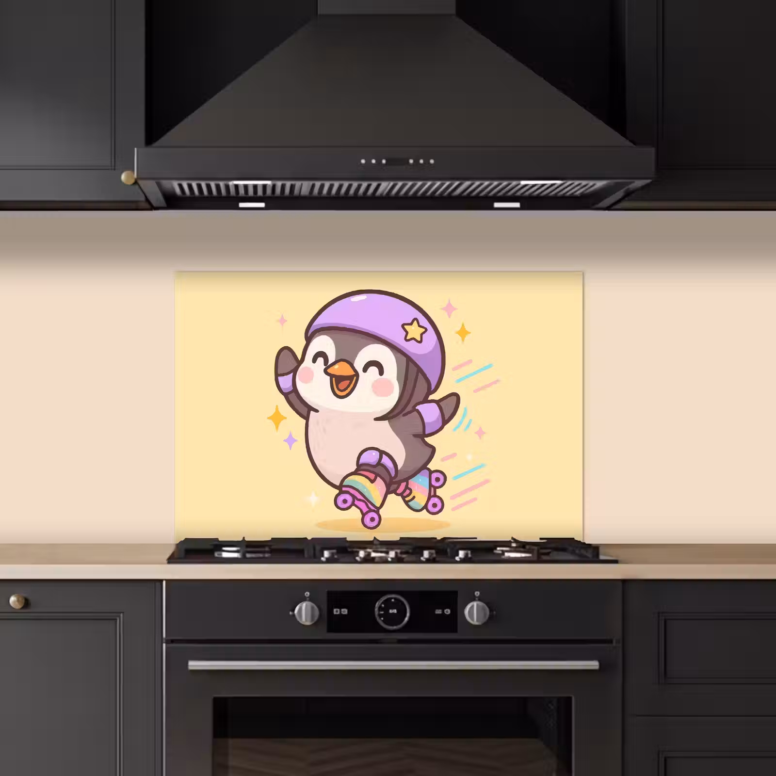 Spatscherm keuken - Pinguïn - Rolschaatsen - Geel - Energiek — 1