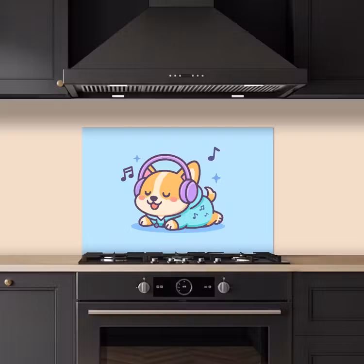 Spatscherm keuken - Corgi - Koptelefoon - Blauw - Muzieknoten — 1