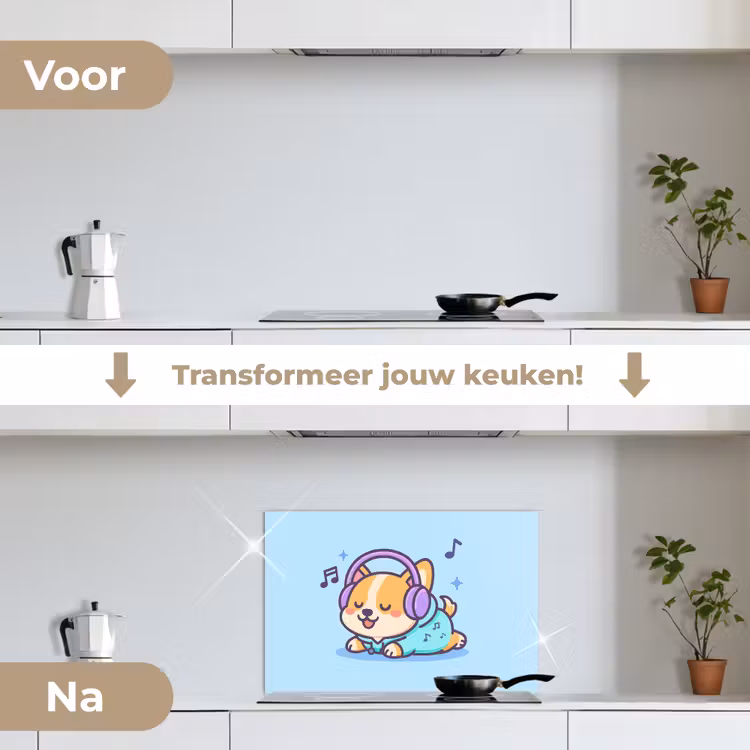 Spatscherm keuken - Corgi - Koptelefoon - Blauw - Muzieknoten — 2
