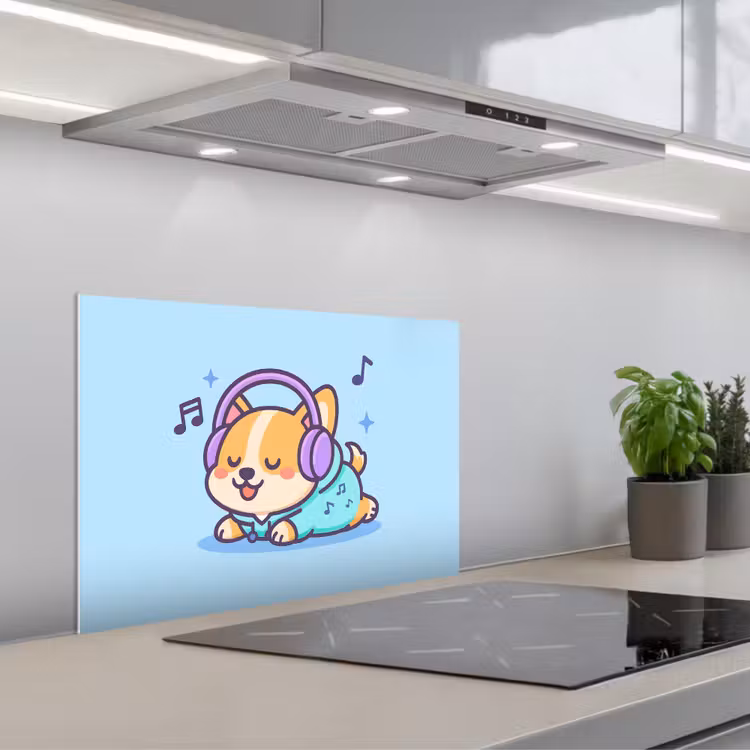 Spatscherm keuken - Corgi - Koptelefoon - Blauw - Muzieknoten — 4