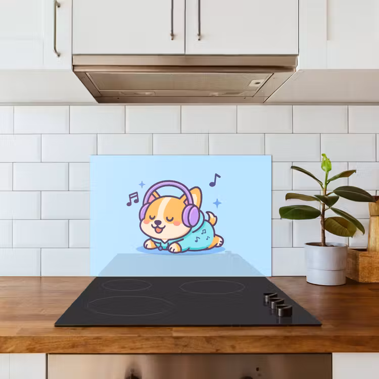 Spatscherm keuken - Corgi - Koptelefoon - Blauw - Muzieknoten — 5