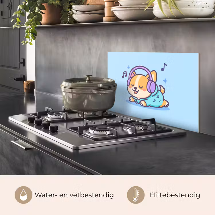 Spatscherm keuken - Corgi - Koptelefoon - Blauw - Muzieknoten — 6