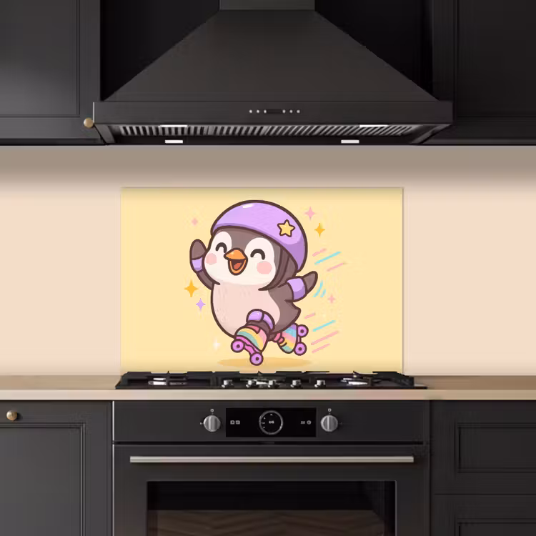 Spatscherm keuken - Pinguïn - Rolschaatsen - Geel - Energiek — 1