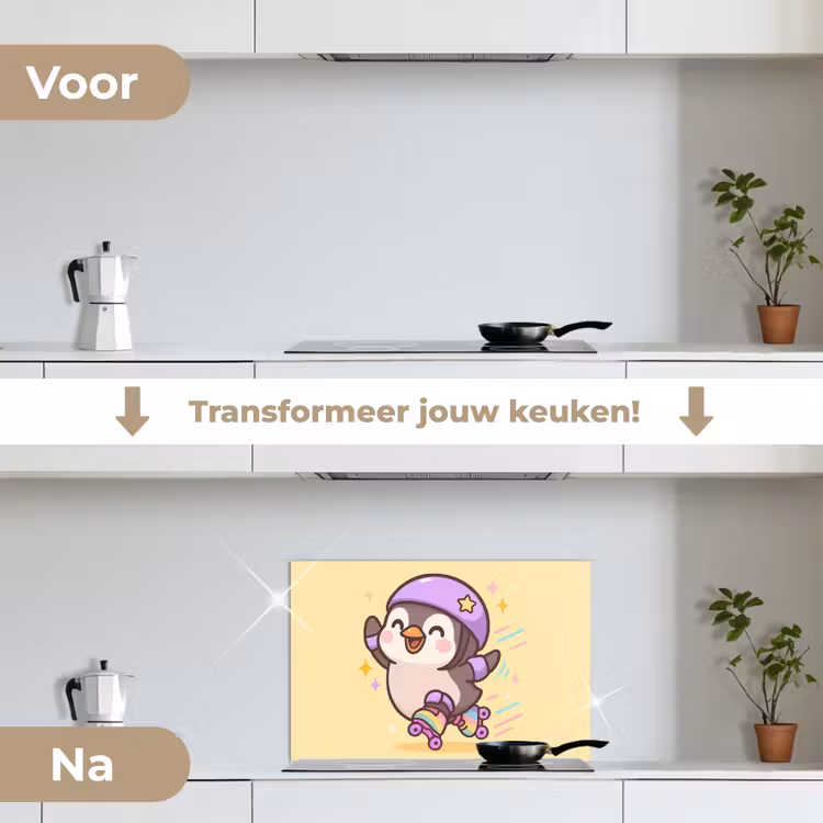 Spatscherm keuken - Pinguïn - Rolschaatsen - Geel - Energiek — 2