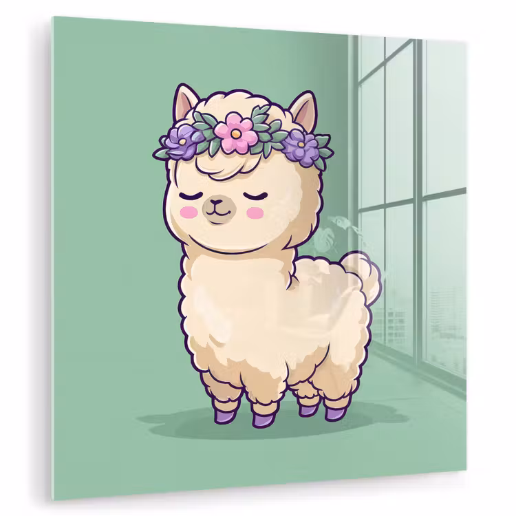 Glas schilderij - Alpaca met Bloemenkrans Groen