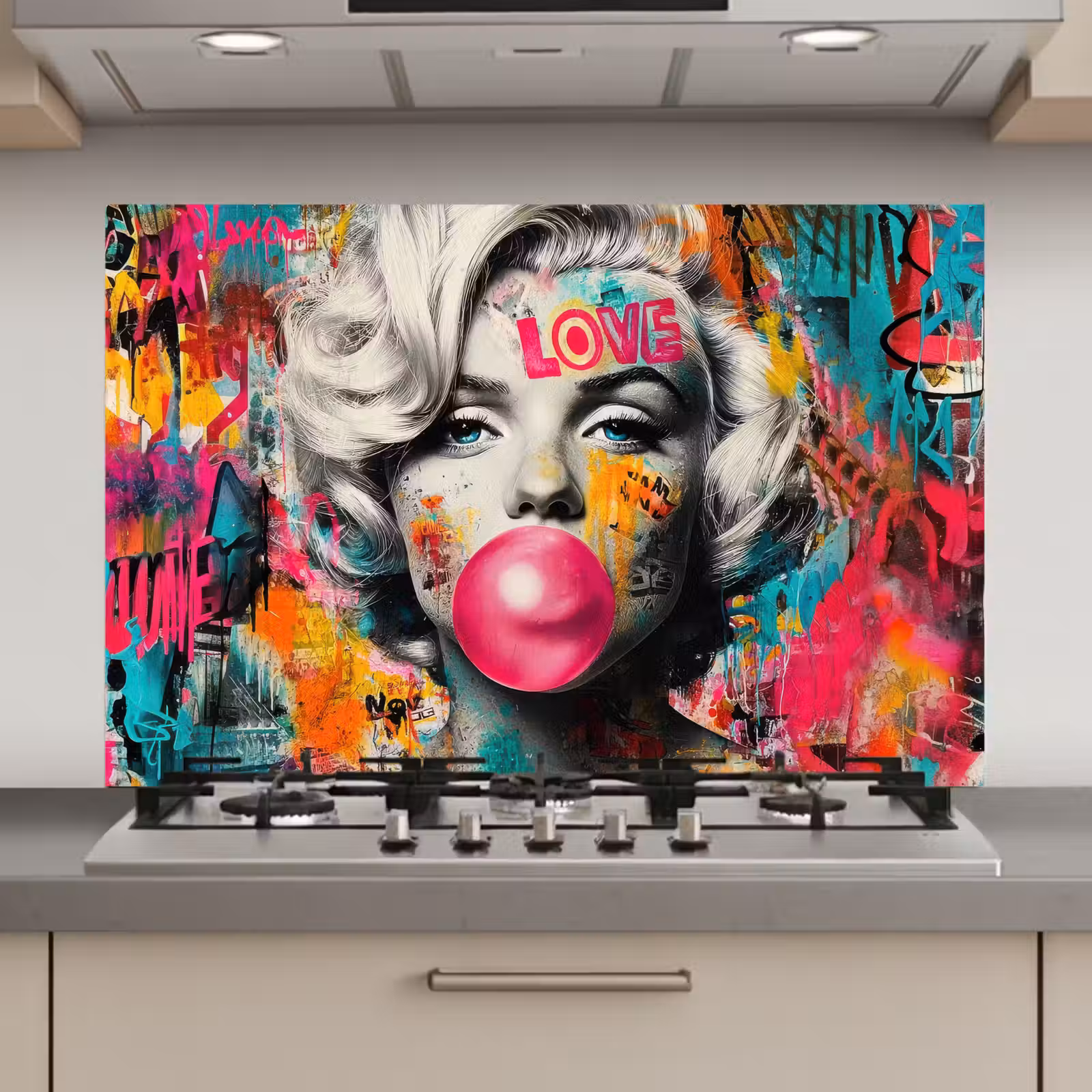 Spatscherm keuken - Vrouw - Kauwgom - Graffiti - Neonkleuren — 1