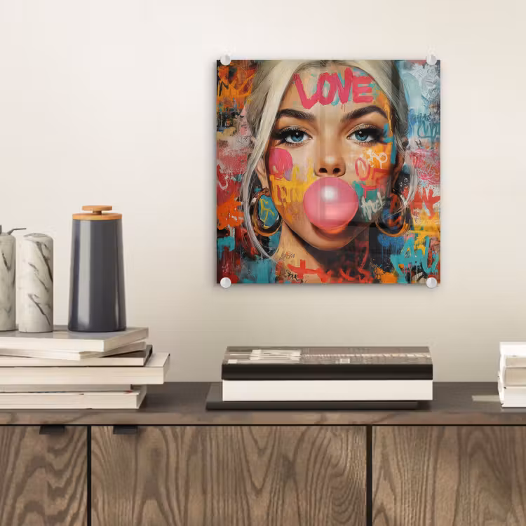 Glas schilderij - Vrouw - Kauwgom - Graffiti - Love — 2