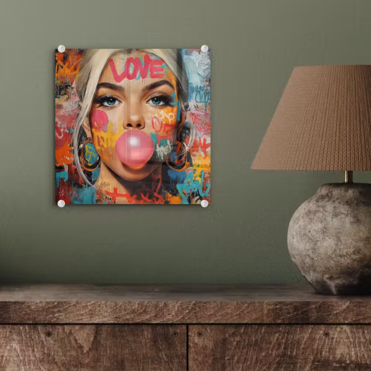 Glas schilderij - Vrouw - Kauwgom - Graffiti - Love — 4