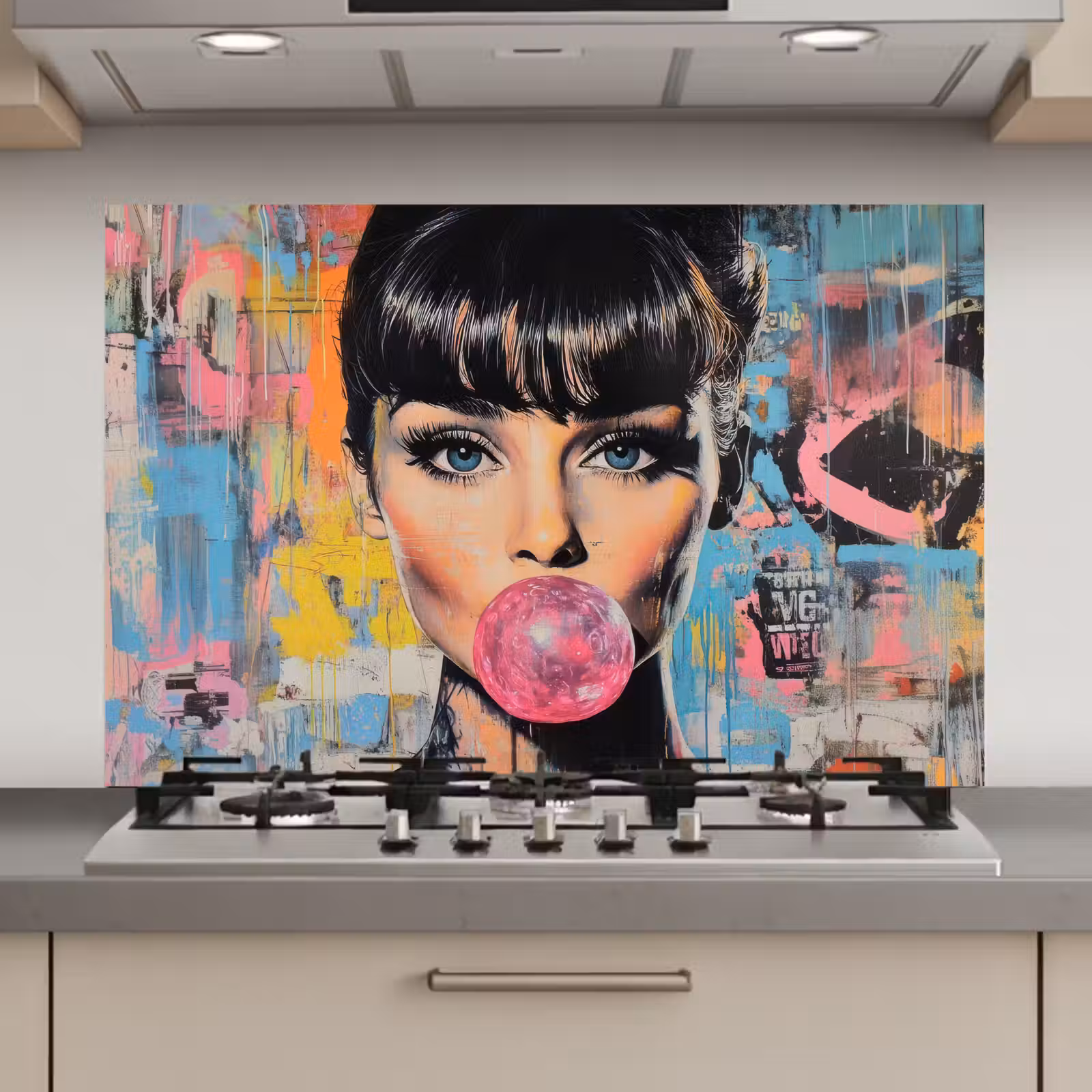 Spatscherm keuken - Kauwgom - Vrouw - Penseelstreken - Modern — 1