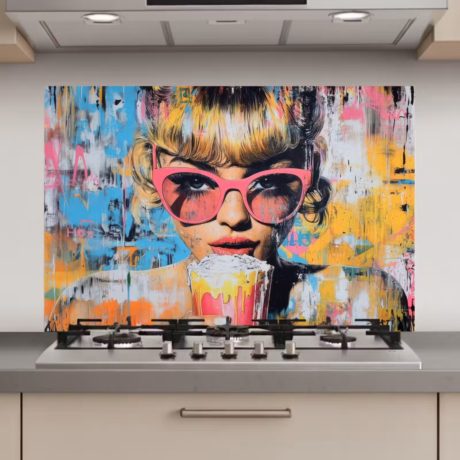 Spatscherm keuken - Zonnebril - Vrouw - Kleurrijk - Verfspetters — 1