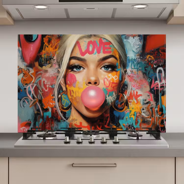 Spatscherm keuken - Vrouw - Kauwgom - Graffiti - Love — 1