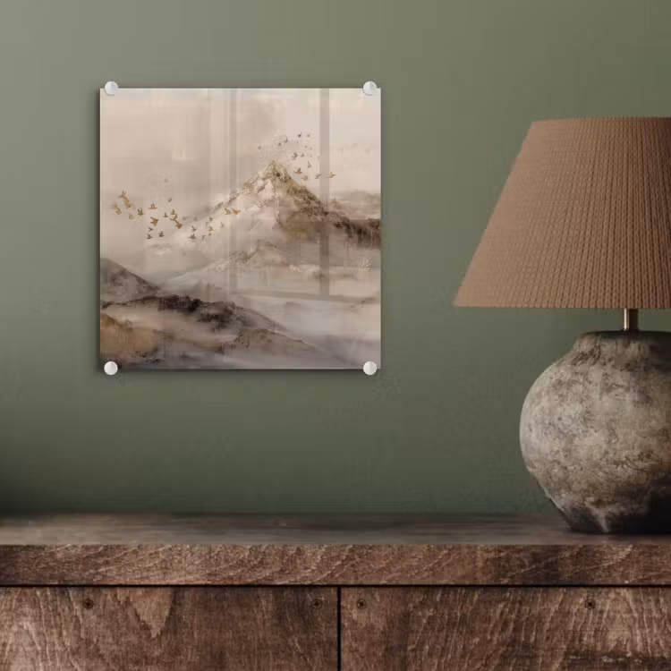 Glas schilderij - Bergen met Gouden Vogels — 4