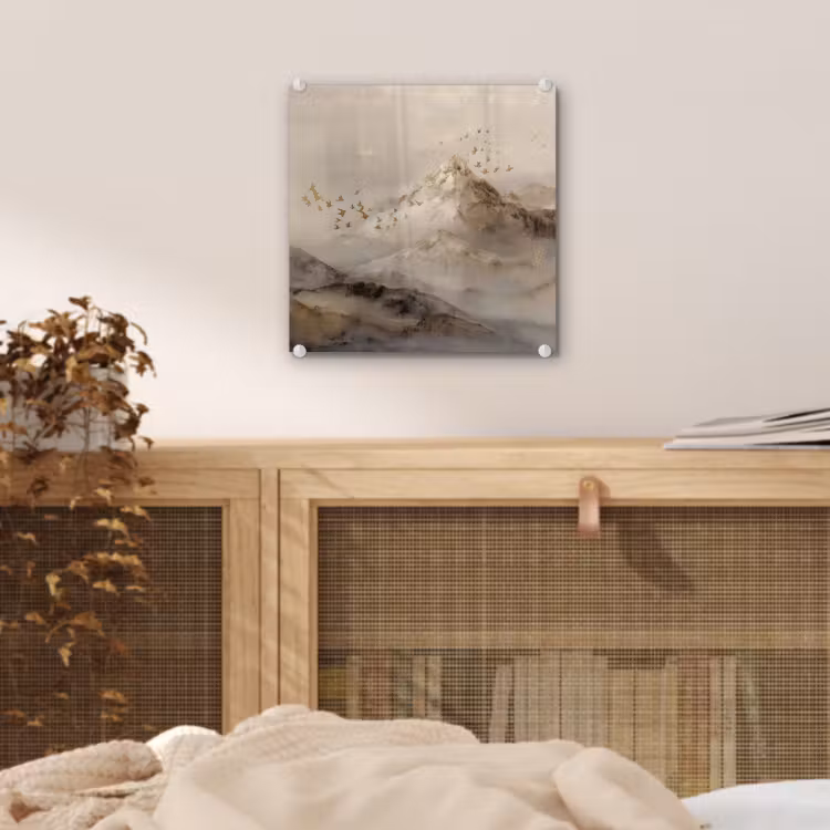 Glas schilderij - Bergen met Gouden Vogels — 5