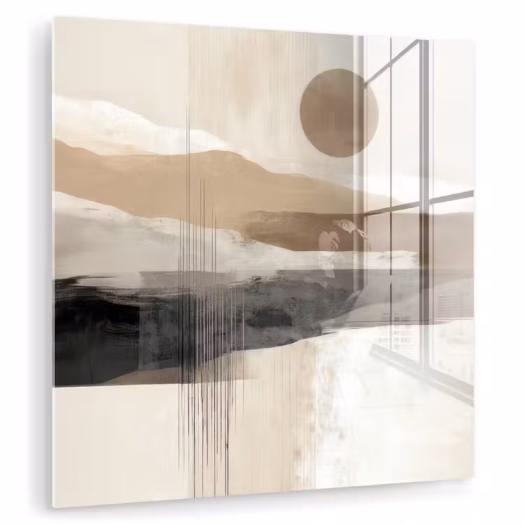 Glas schilderij - Abstract Landschap met Zon Beige