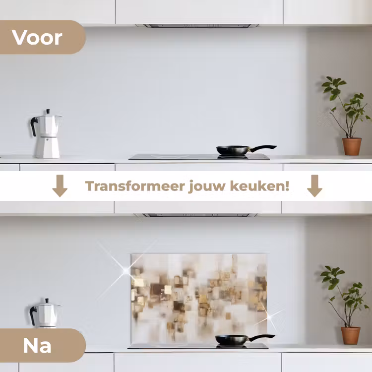 Spatscherm keuken - Abstracte vierkanten - Aardetonen - Mistig — 3