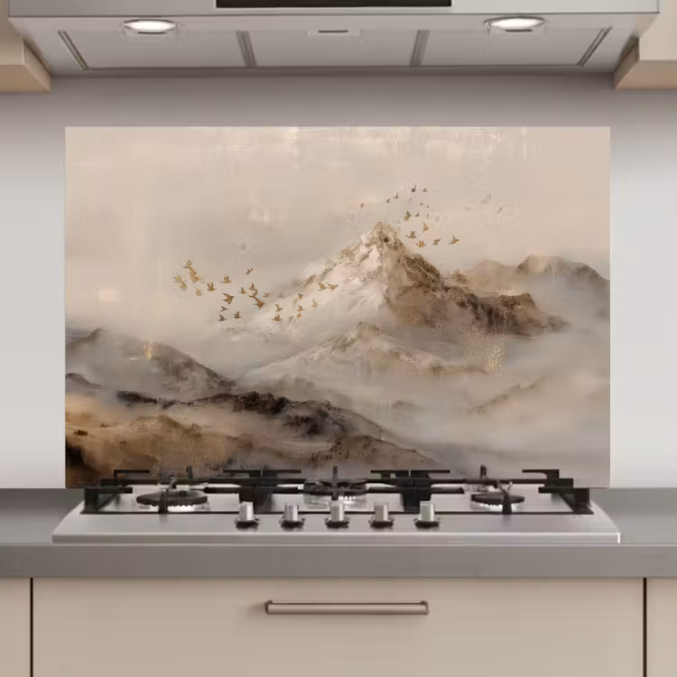Spatscherm keuken - Berglandschap - Mist - Penseelstreken — 1