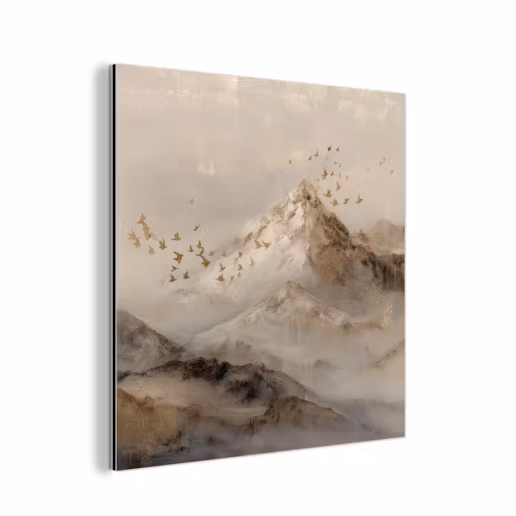 Aluminium schilderij - Berglandschap - Mist - Penseelstreken — 1