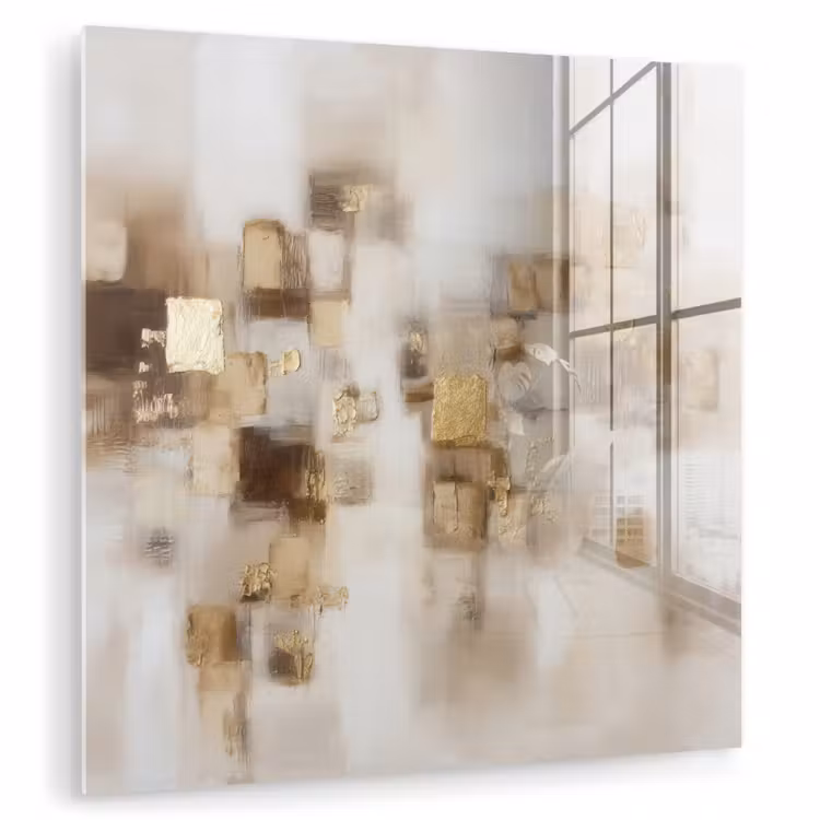 Glas schilderij - Abstracte Vierkanten Beige Goud