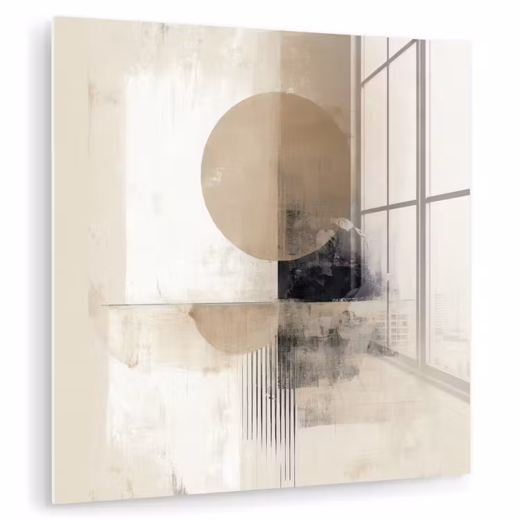 Glas schilderij - Abstracte Cirkel Beige
