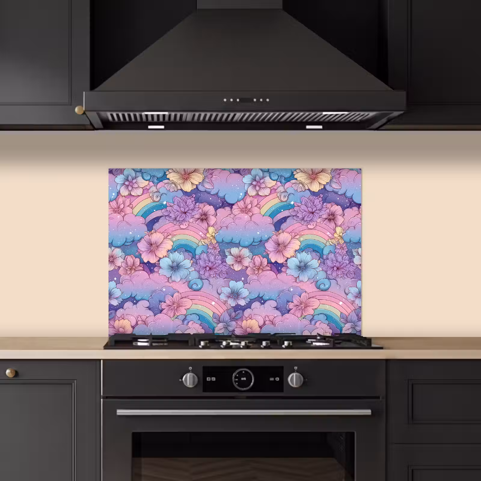 Spatscherm keuken - Regenbogen - Bloemen - Kleurrijk - Wolken — 1