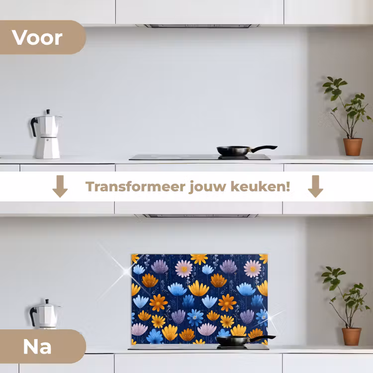 Spatscherm keuken - Bloemen - Patroon - Blauw - Contrast — 2