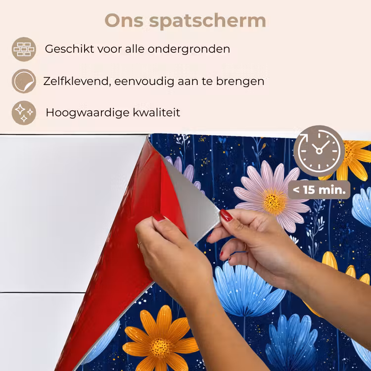 Spatscherm keuken - Bloemen - Patroon - Blauw - Contrast — 3