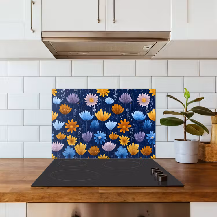 Spatscherm keuken - Bloemen - Patroon - Blauw - Contrast — 5
